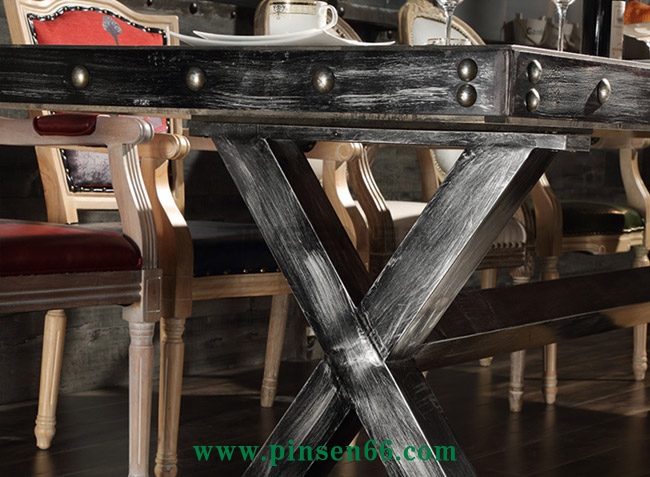美式復(fù)古酒店餐桌椅 大型餐廳超長(zhǎng)鐵皮包邊鐵藝餐桌椅定制廠家