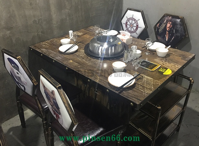 美式loft復古風格實木蒸汽火鍋餐桌椅菜架組合